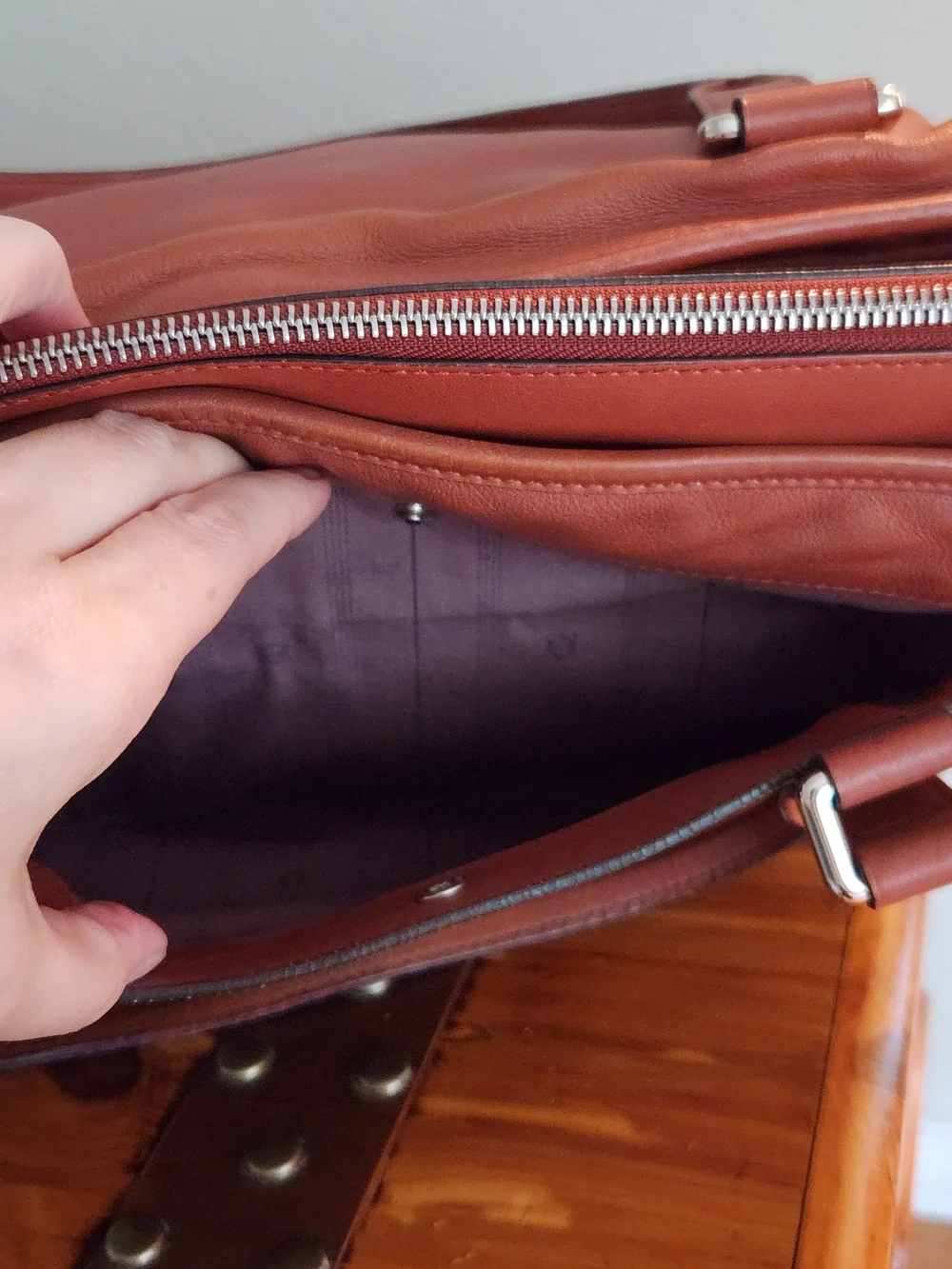 Leather Tote Handbag in Cognac Brown - Brand: